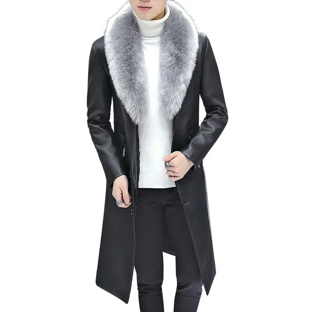 2019 New Winter Blazer Fur Collar Long Section Men fur Coat Men's Business Casual Leather Jacket