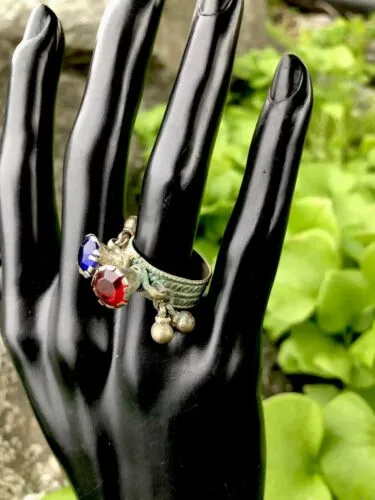 Antique Silvertone Mixed Metal Rajasthan Indian Ethnic Tribal Bell Ring W Stones