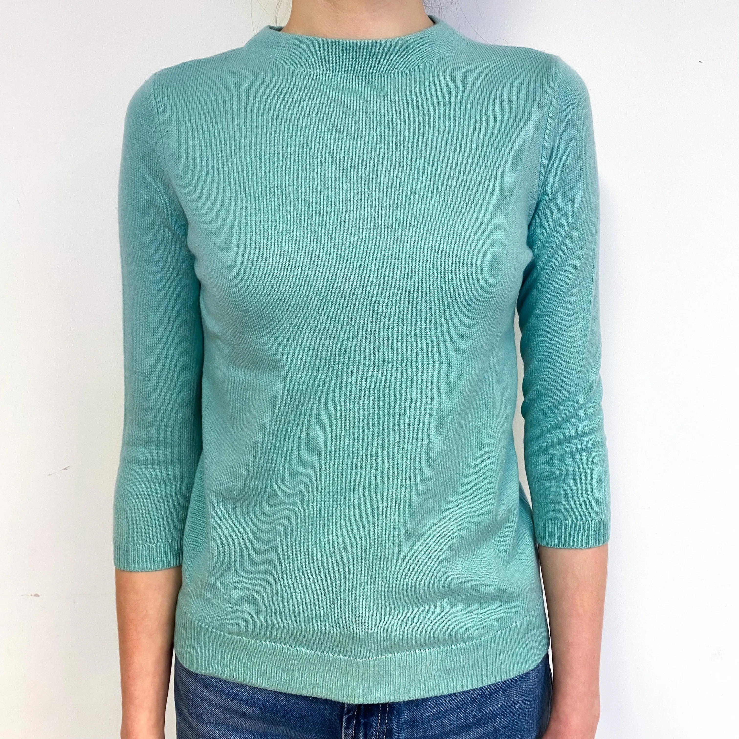 Aqua Green 3/4 Sleeve Cashmere Crew Neck Jumper Extra Small