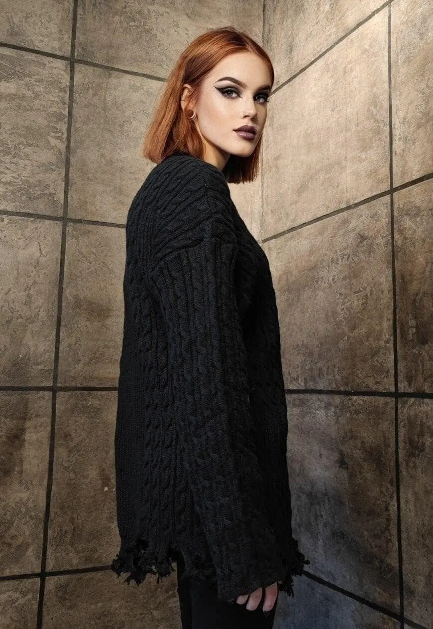 Asymmetric sweater knitted ripped jumper punk top in black