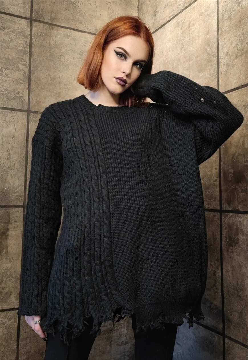 Asymmetric sweater knitted ripped jumper punk top in black