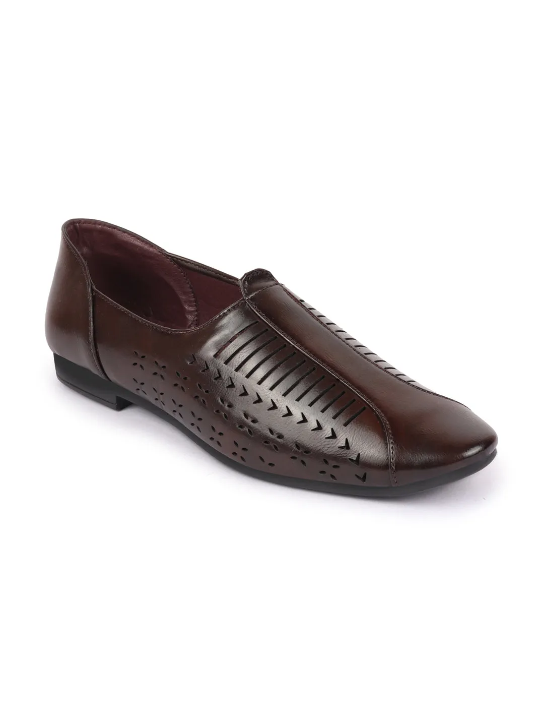 Basics Men Brown Laser Cut Design Stitched Ethnic Juttis and Mojaris