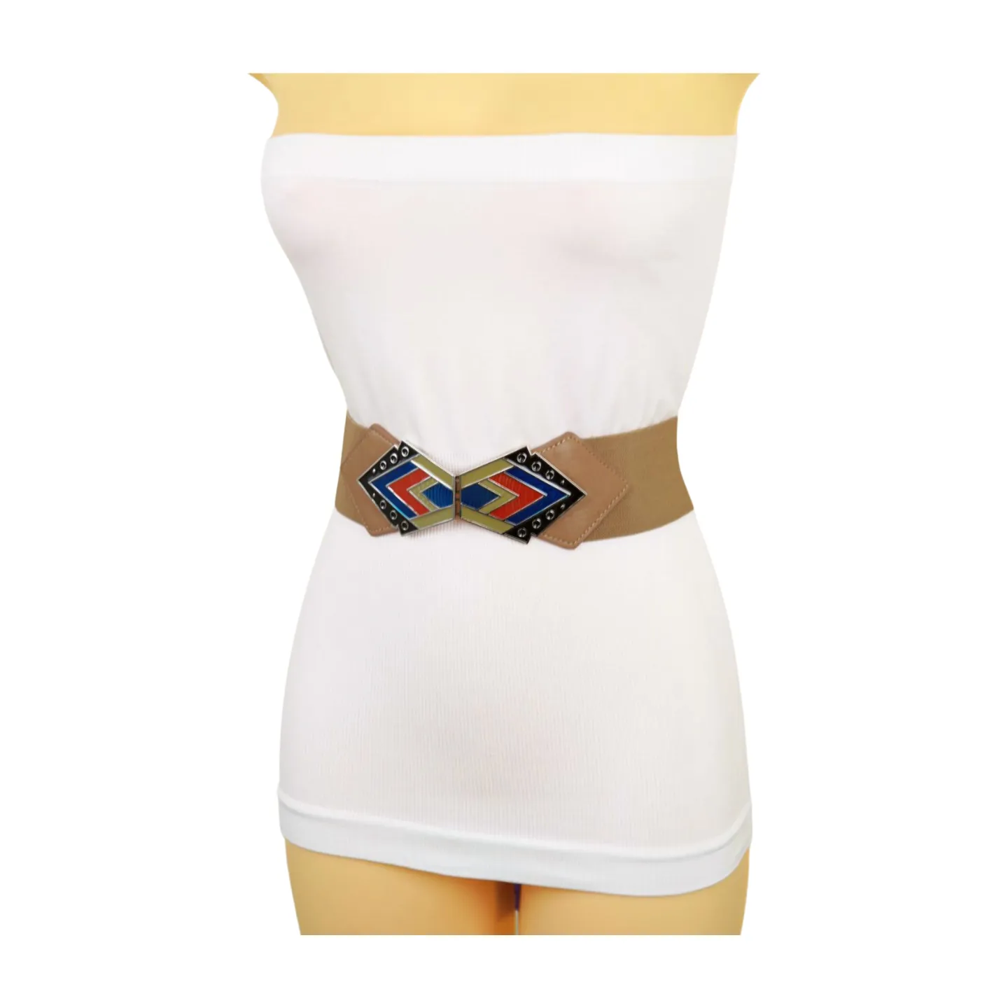 Beige Stretch Waistband Wide Belt Tribal Style Buckle S M