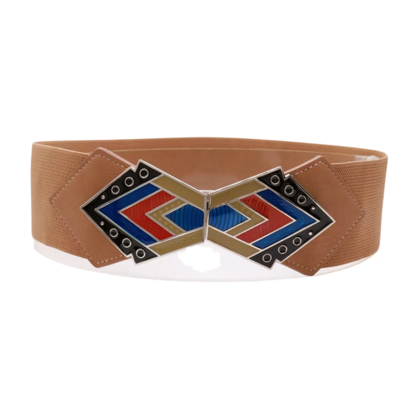 Beige Stretch Waistband Wide Belt Tribal Style Buckle S M