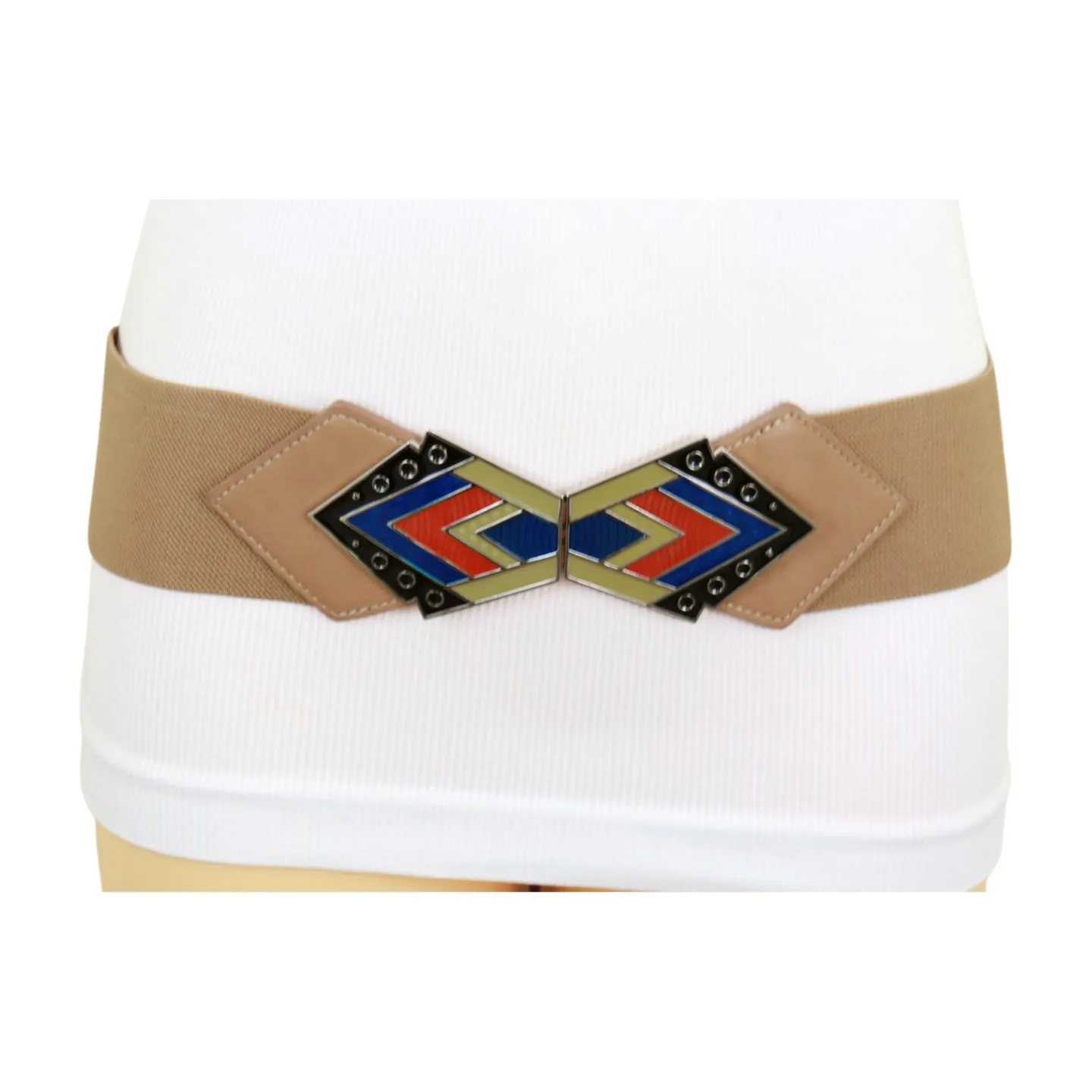 Beige Stretch Waistband Wide Belt Tribal Style Buckle S M