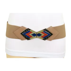 Beige Stretch Waistband Wide Belt Tribal Style Buckle S M