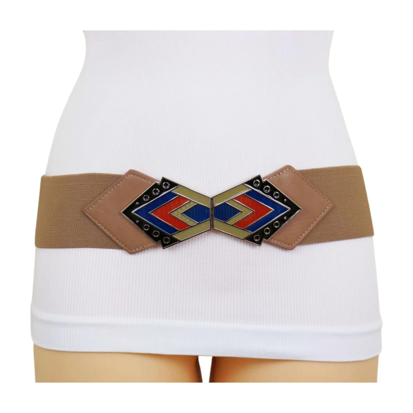 Beige Stretch Waistband Wide Belt Tribal Style Buckle S M