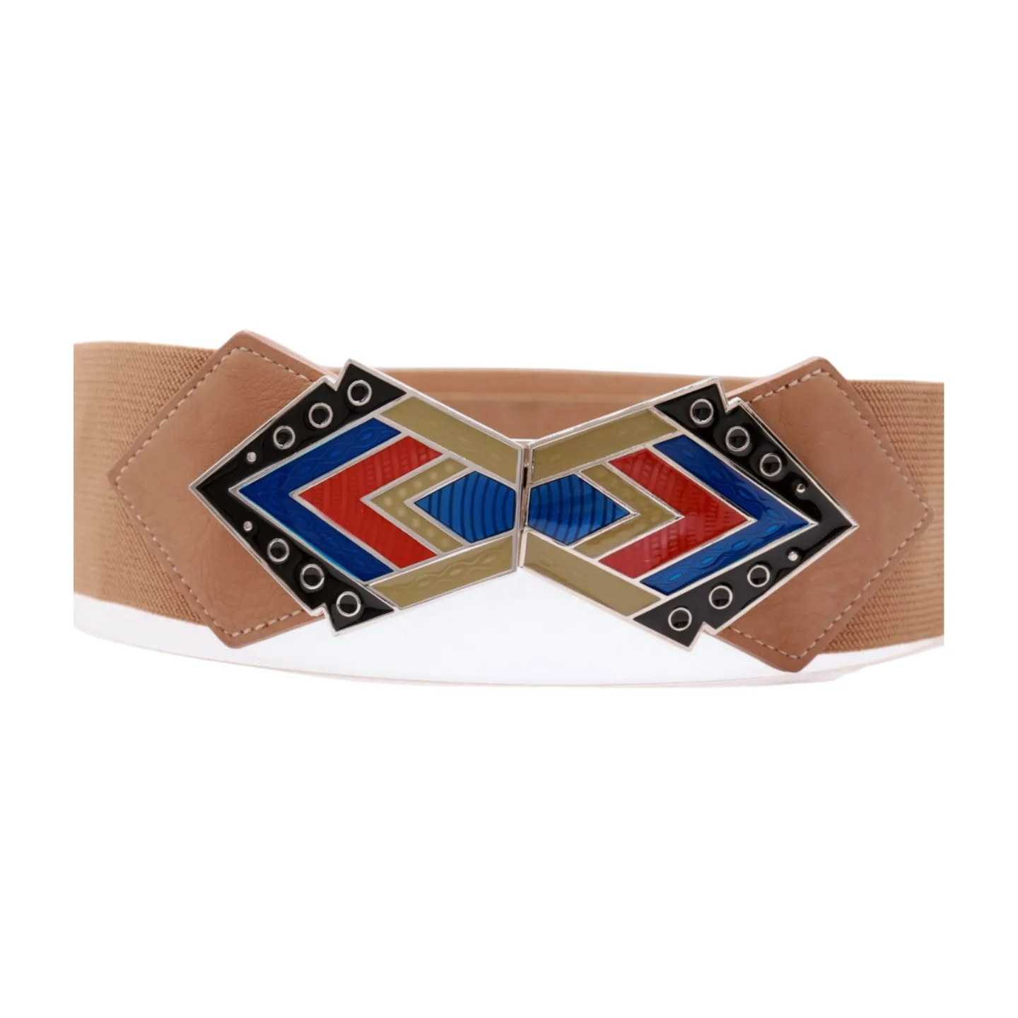 Beige Stretch Waistband Wide Belt Tribal Style Buckle S M