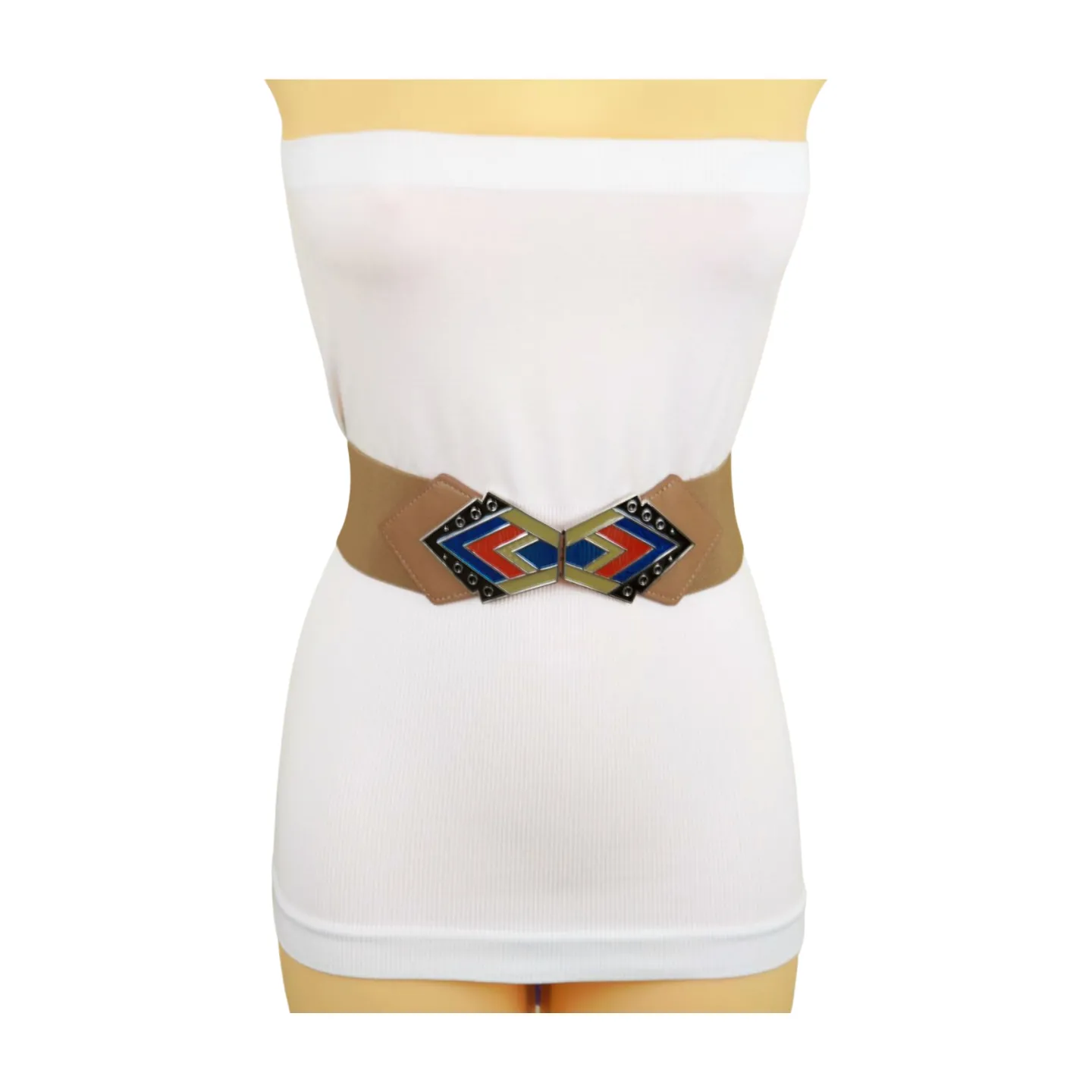 Beige Stretch Waistband Wide Belt Tribal Style Buckle S M