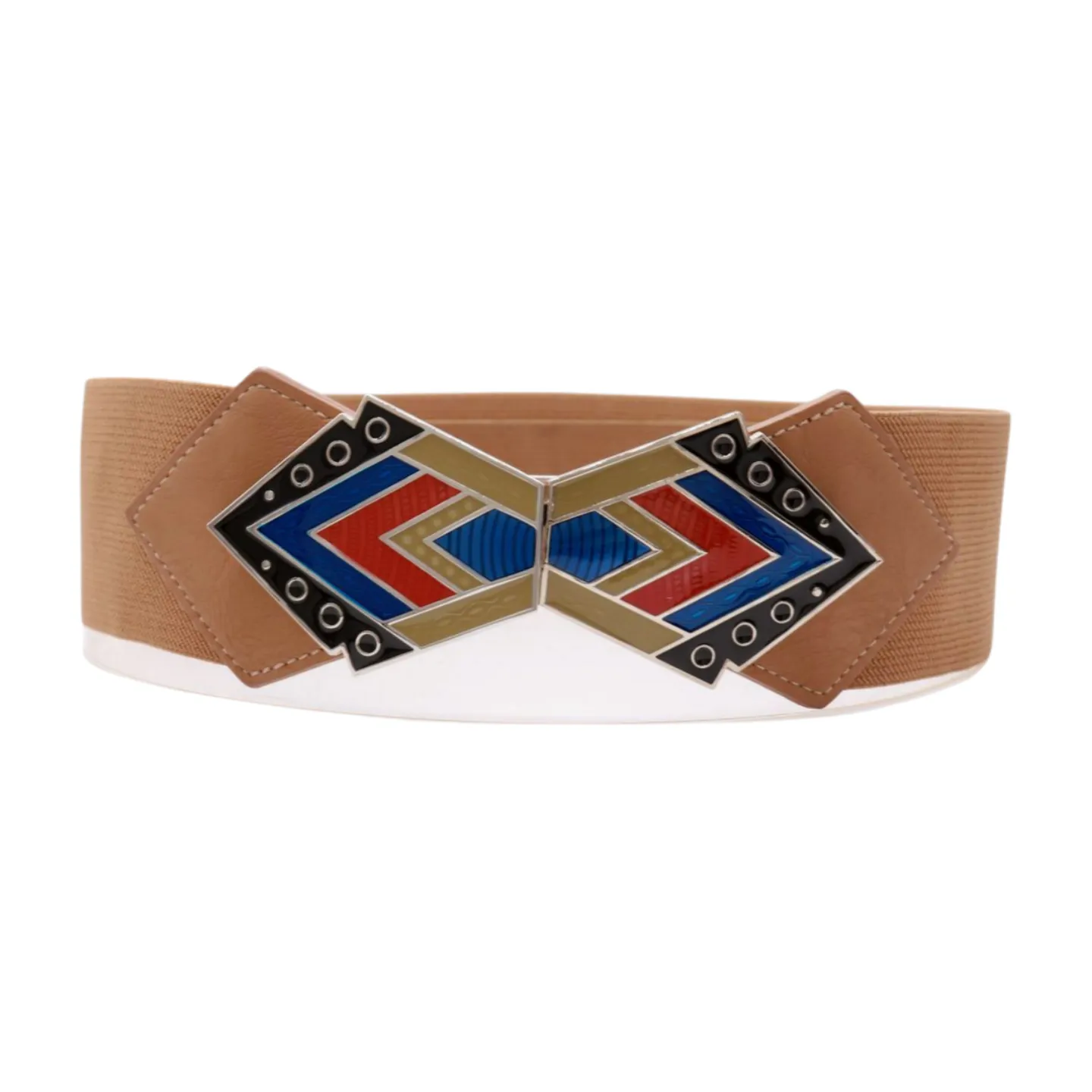 Beige Stretch Waistband Wide Belt Tribal Style Buckle S M