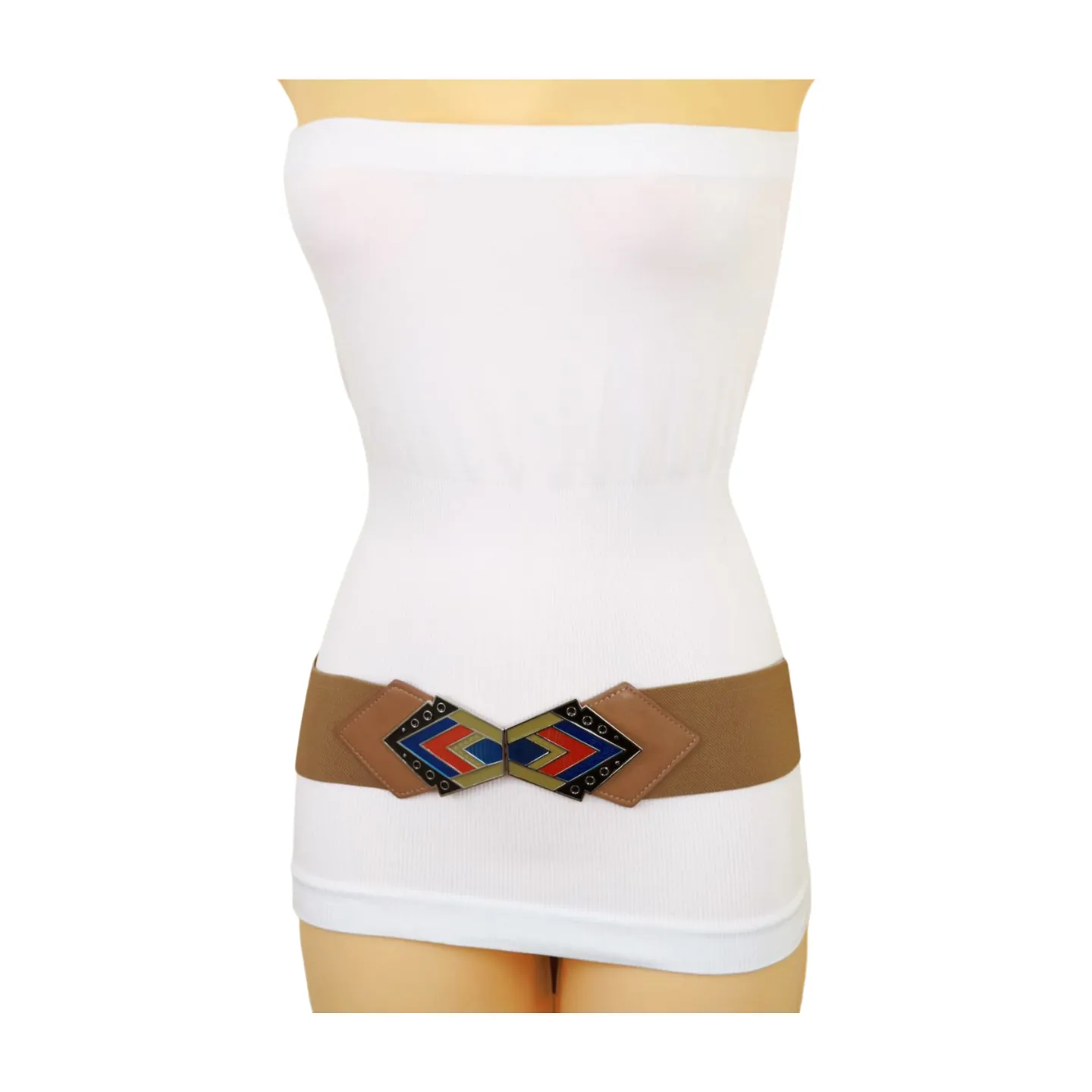 Beige Stretch Waistband Wide Belt Tribal Style Buckle S M