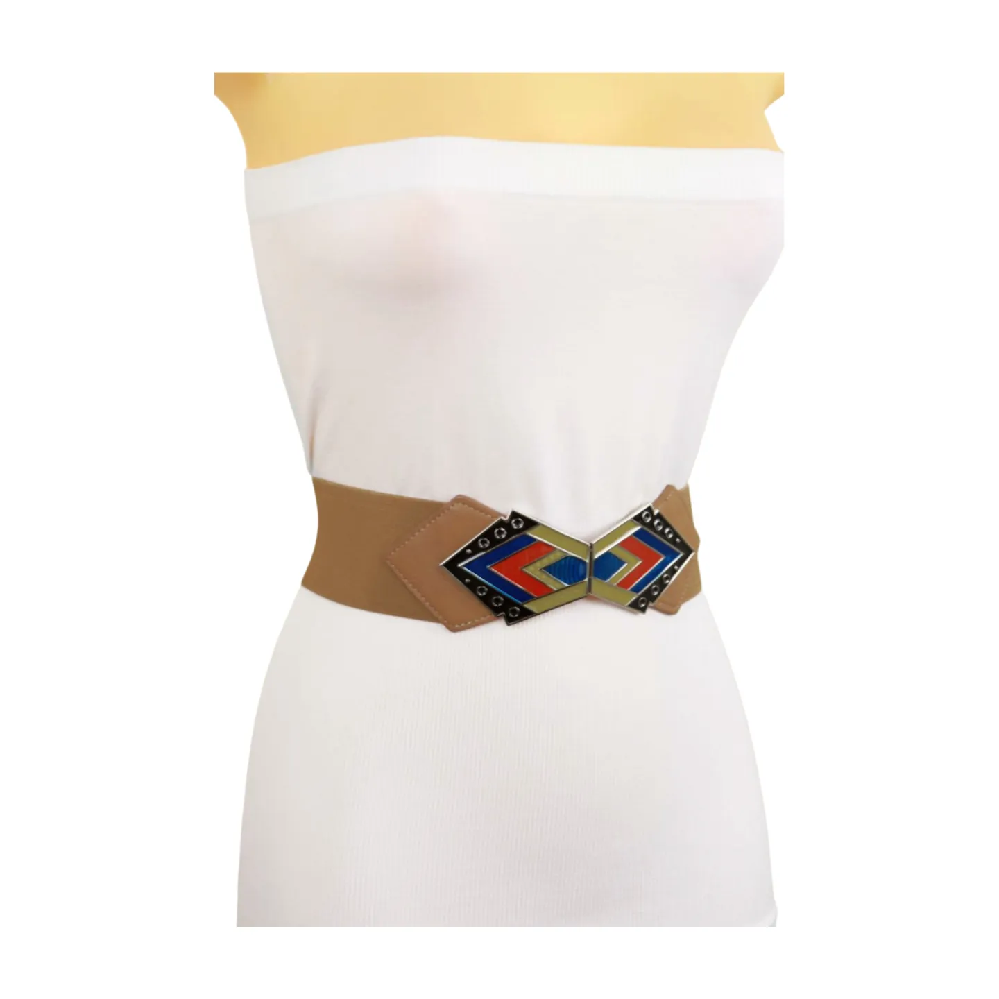 Beige Stretch Waistband Wide Belt Tribal Style Buckle S M