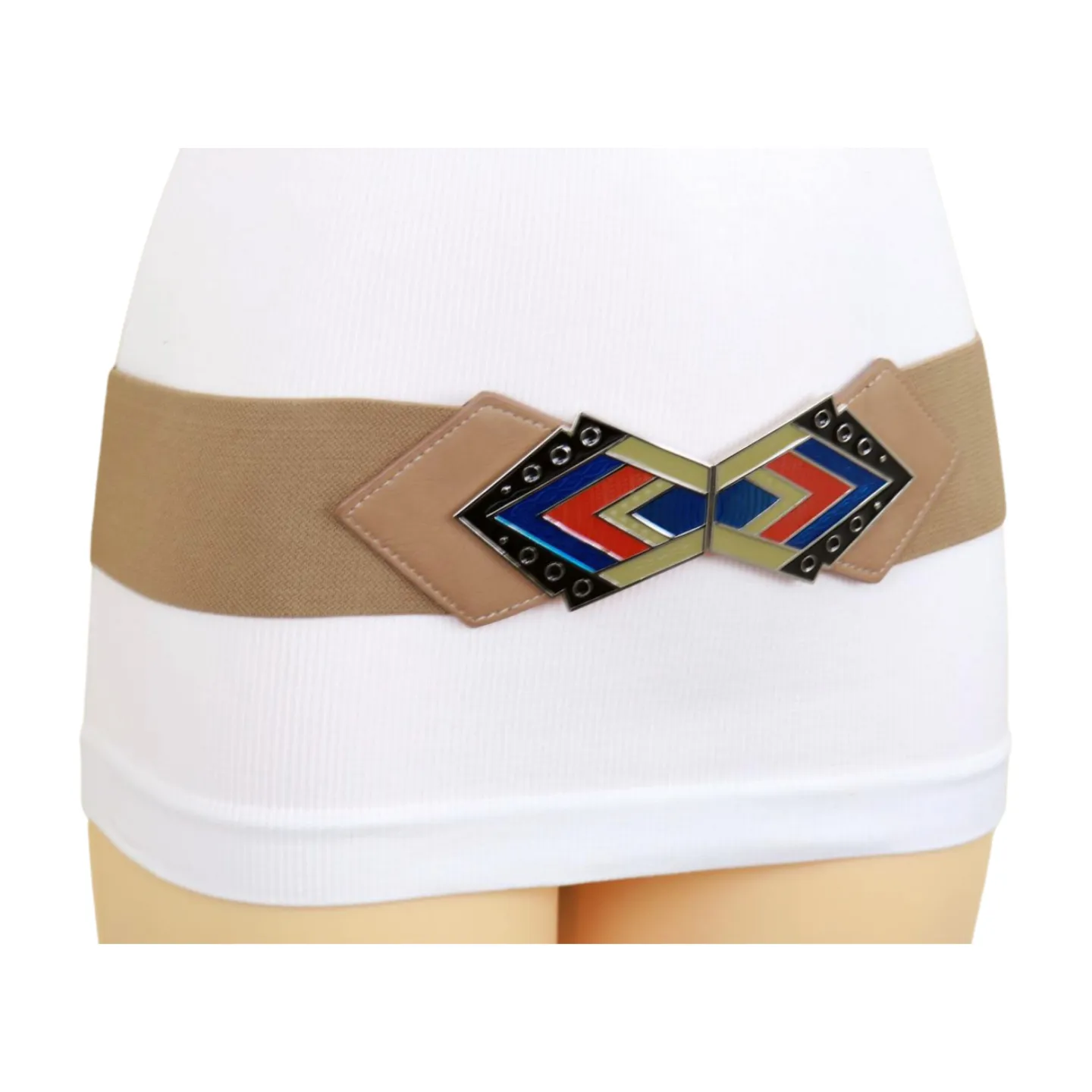 Beige Stretch Waistband Wide Belt Tribal Style Buckle S M