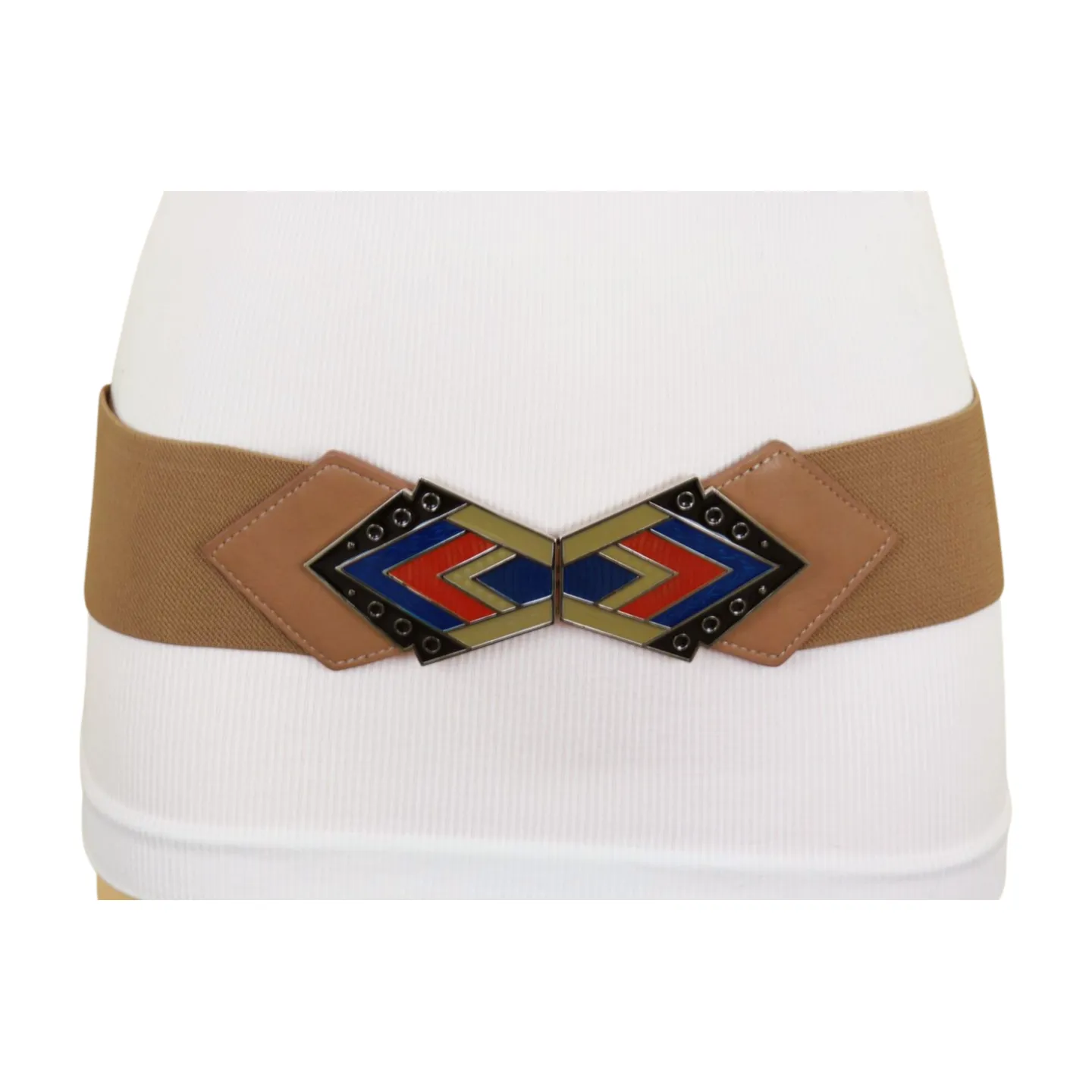 Beige Stretch Waistband Wide Belt Tribal Style Buckle S M