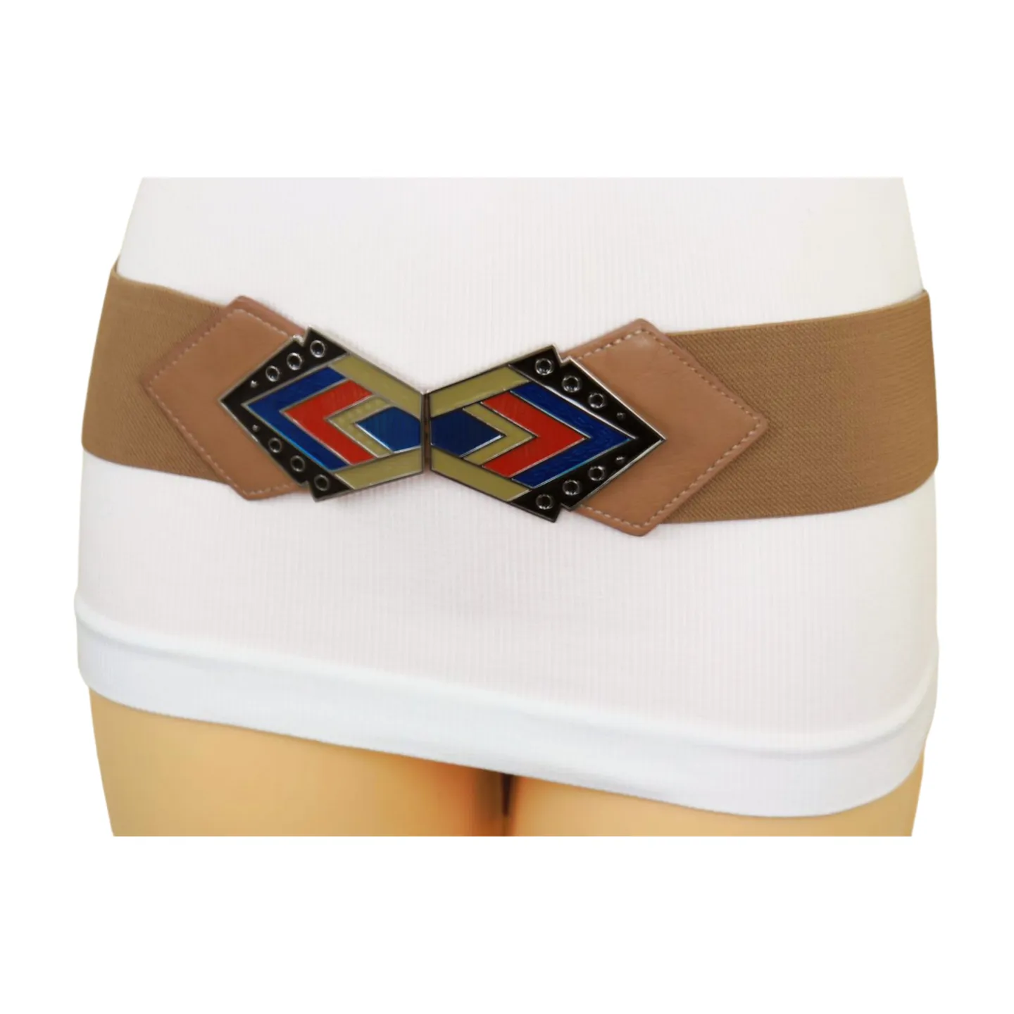 Beige Stretch Waistband Wide Belt Tribal Style Buckle S M