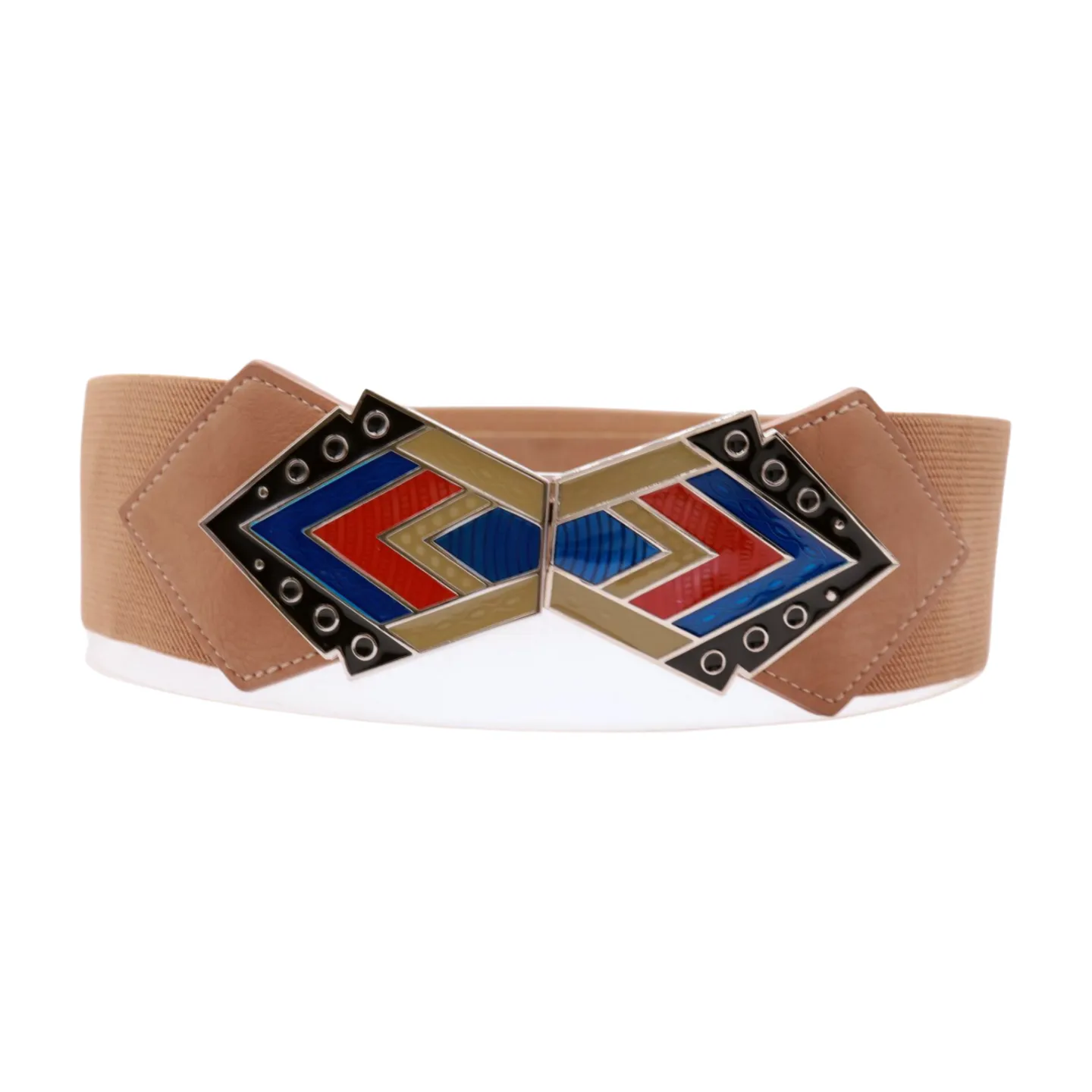 Beige Stretch Waistband Wide Belt Tribal Style Buckle S M