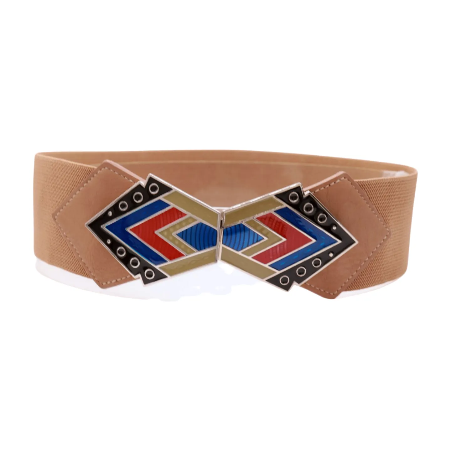 Beige Stretch Waistband Wide Belt Tribal Style Buckle S M