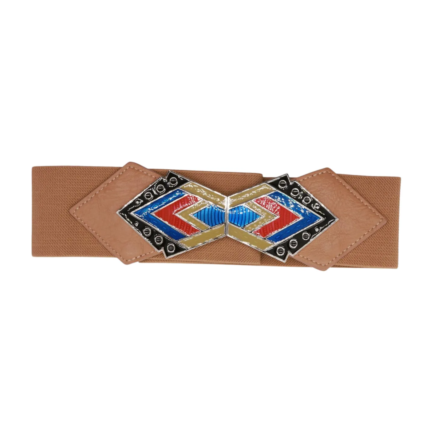 Beige Stretch Waistband Wide Belt Tribal Style Buckle S M