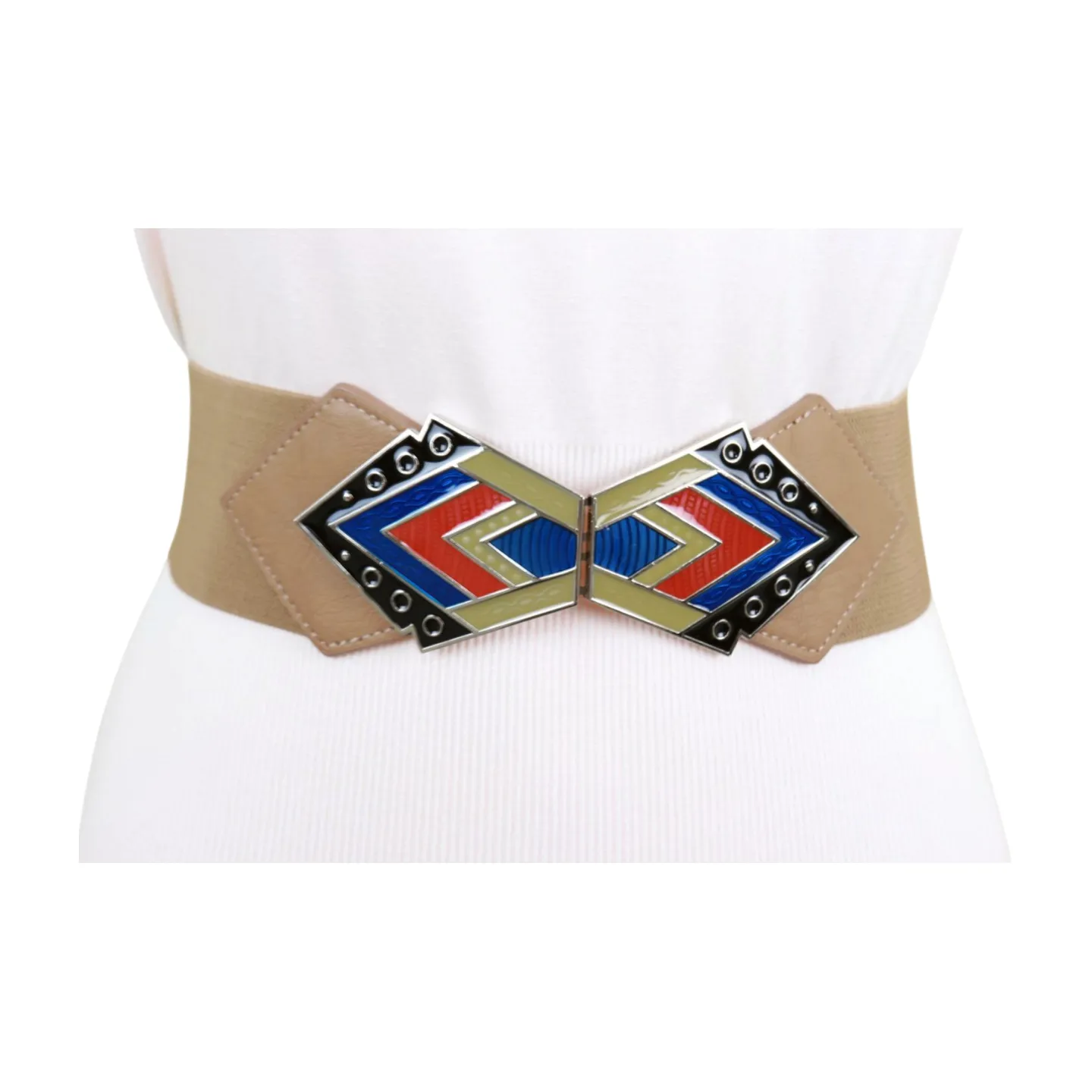 Beige Stretch Waistband Wide Belt Tribal Style Buckle S M