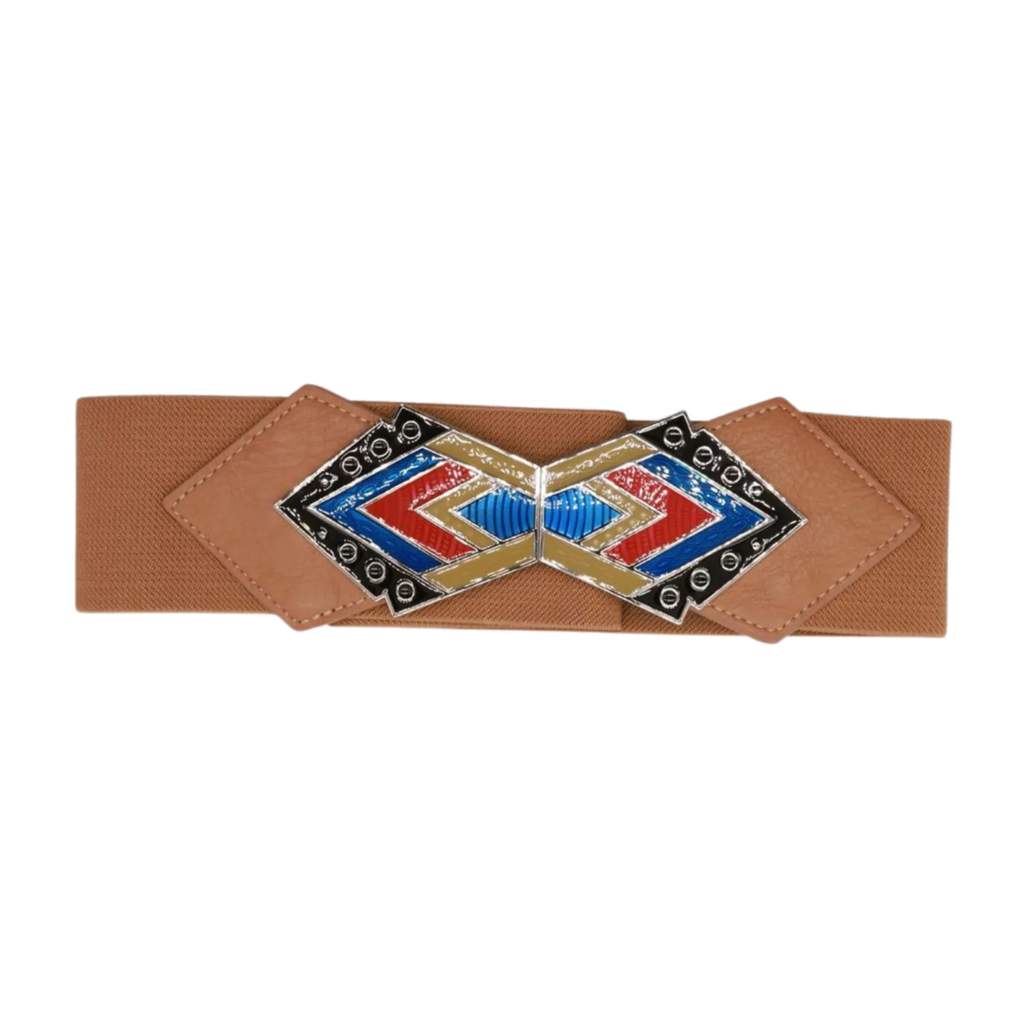 Beige Stretch Waistband Wide Belt Tribal Style Buckle S M