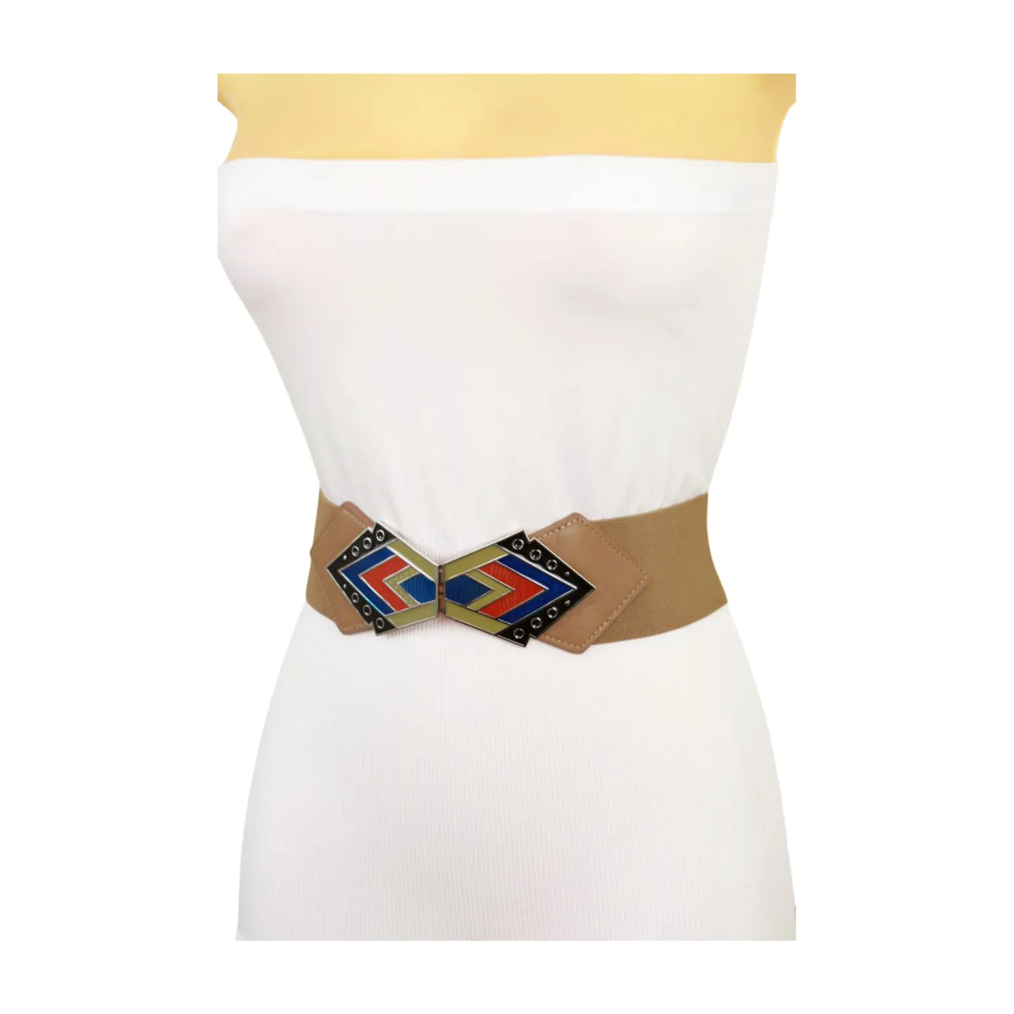 Beige Stretch Waistband Wide Belt Tribal Style Buckle S M