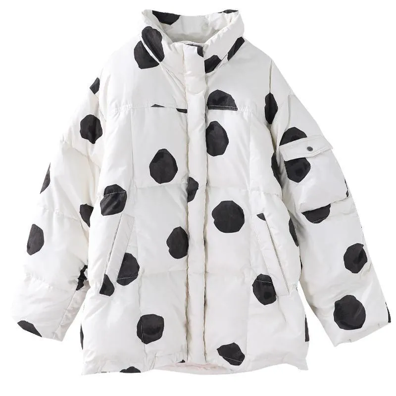 black dotted duck down coat plus size down jacket stand collar zippered Elegant coats