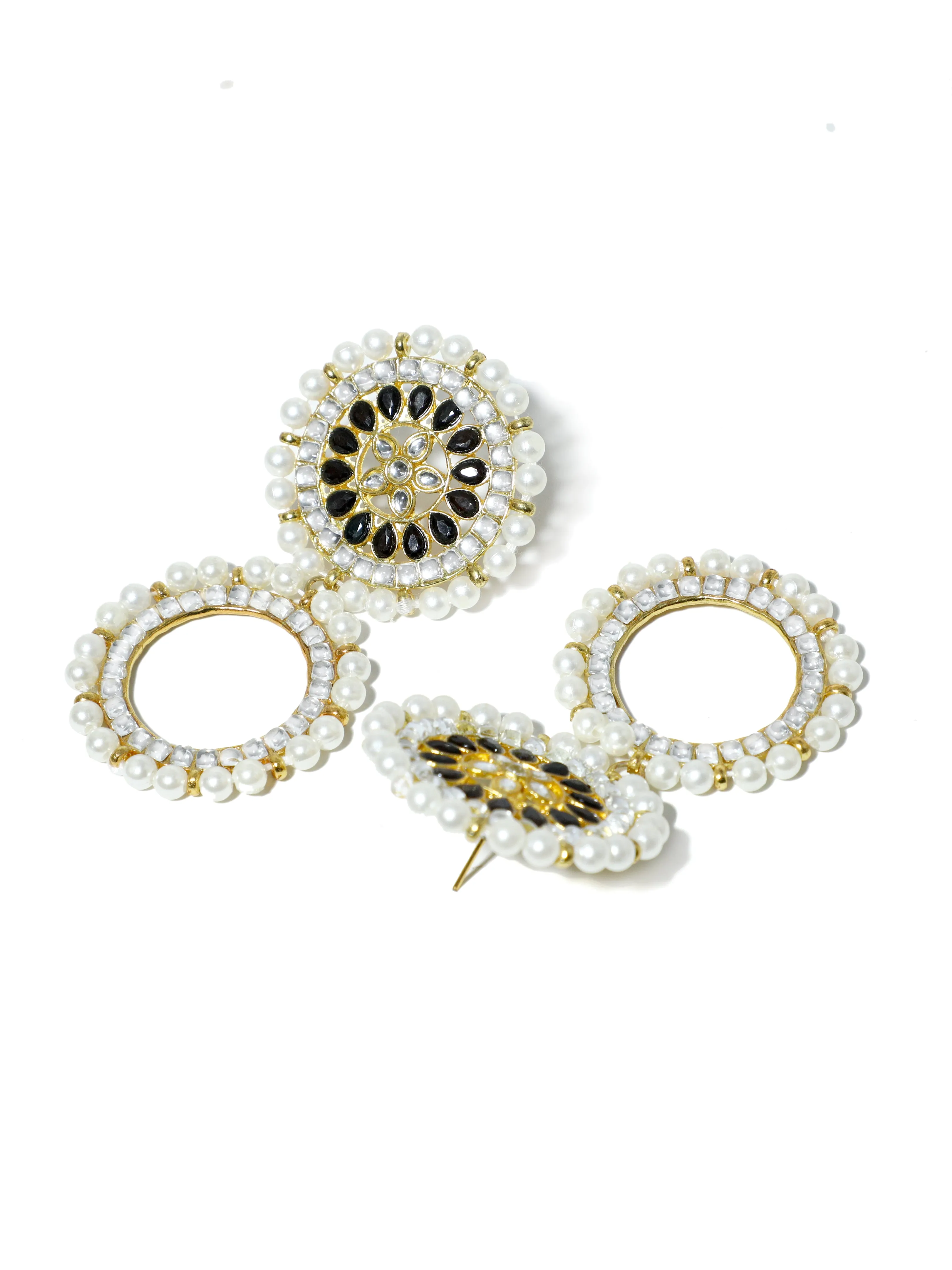 Black Stone Studded Kundan Hoop Earring with White Pearls Detailing