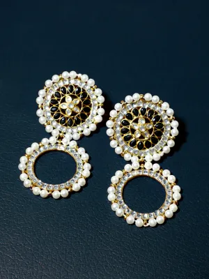 Black Stone Studded Kundan Hoop Earring with White Pearls Detailing