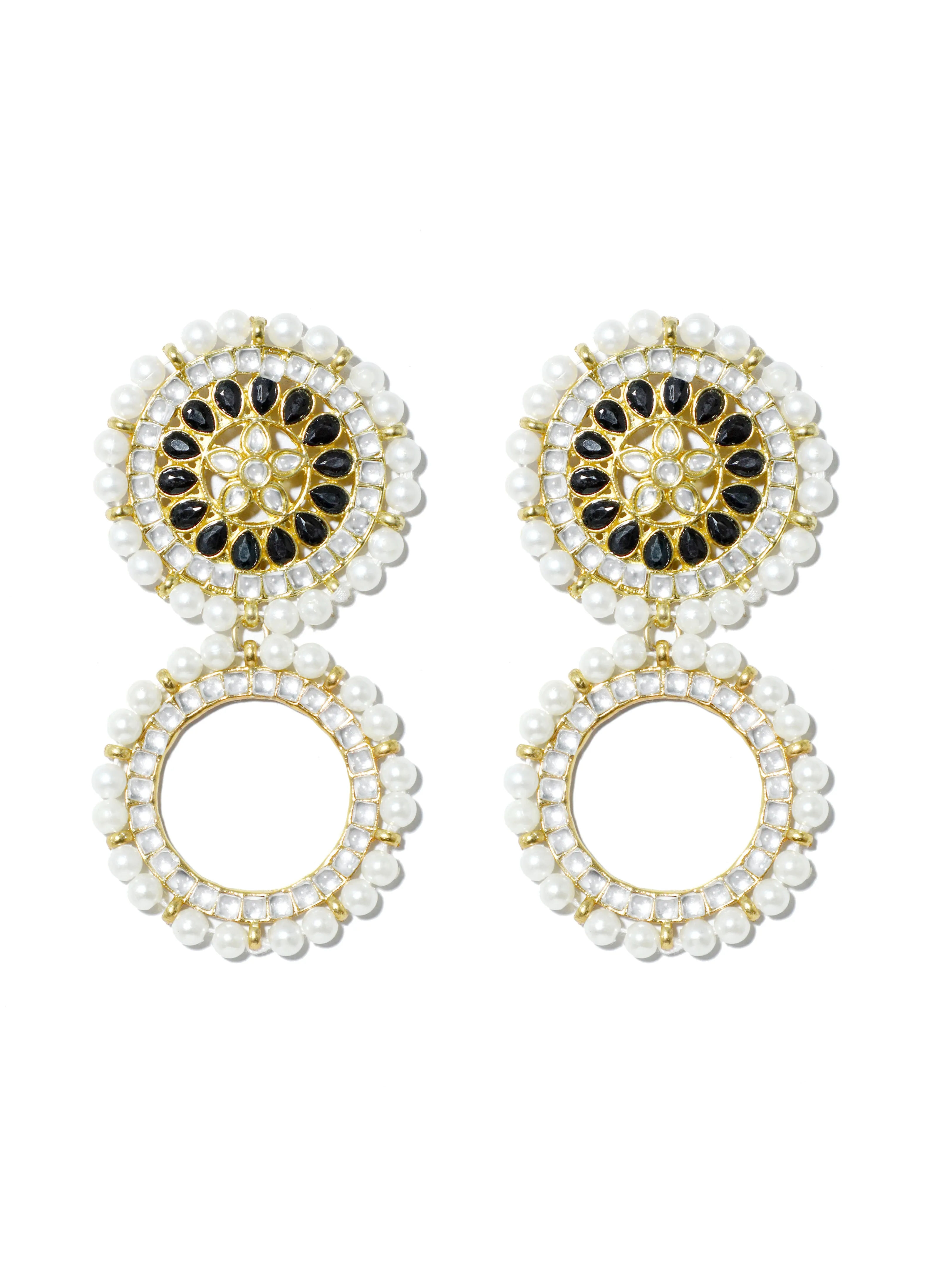 Black Stone Studded Kundan Hoop Earring with White Pearls Detailing