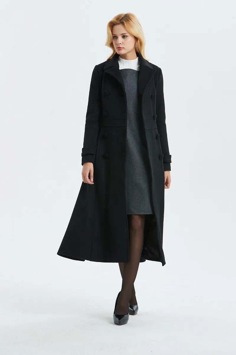 black wool coat, long winter black coat-warm double breasted coat, woo coat for women-coat with pockets- classic black coat for lady C1303