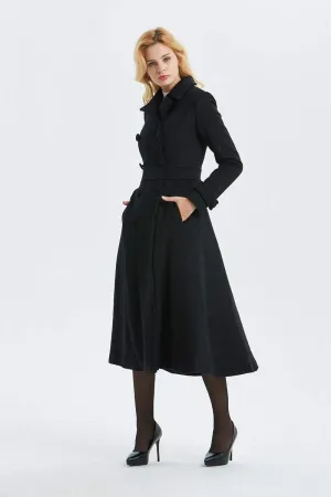 black wool coat, long winter black coat-warm double breasted coat, woo coat for women-coat with pockets- classic black coat for lady C1303