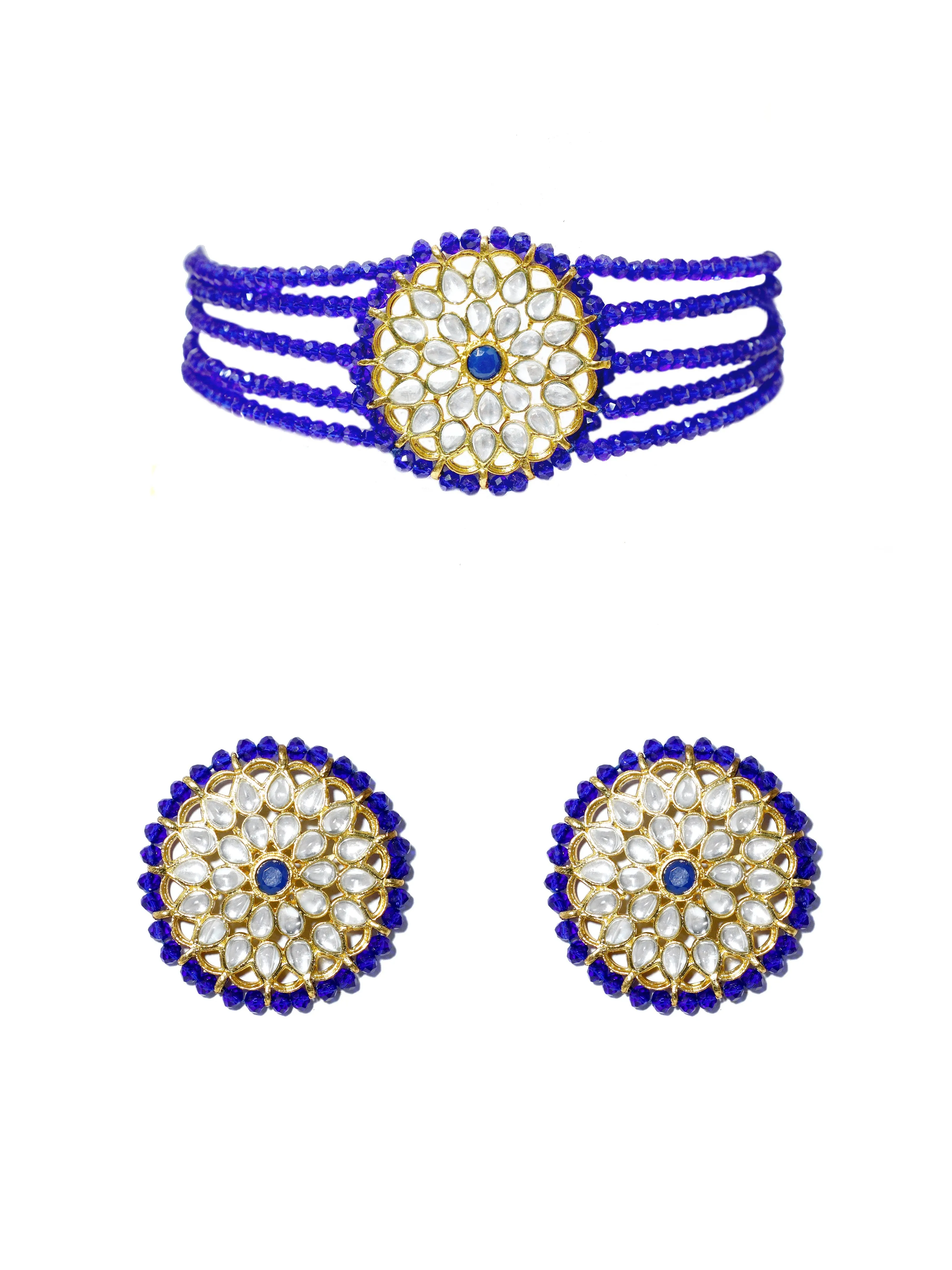 Blue Crystal Studded Kundan Choker Necklace Set