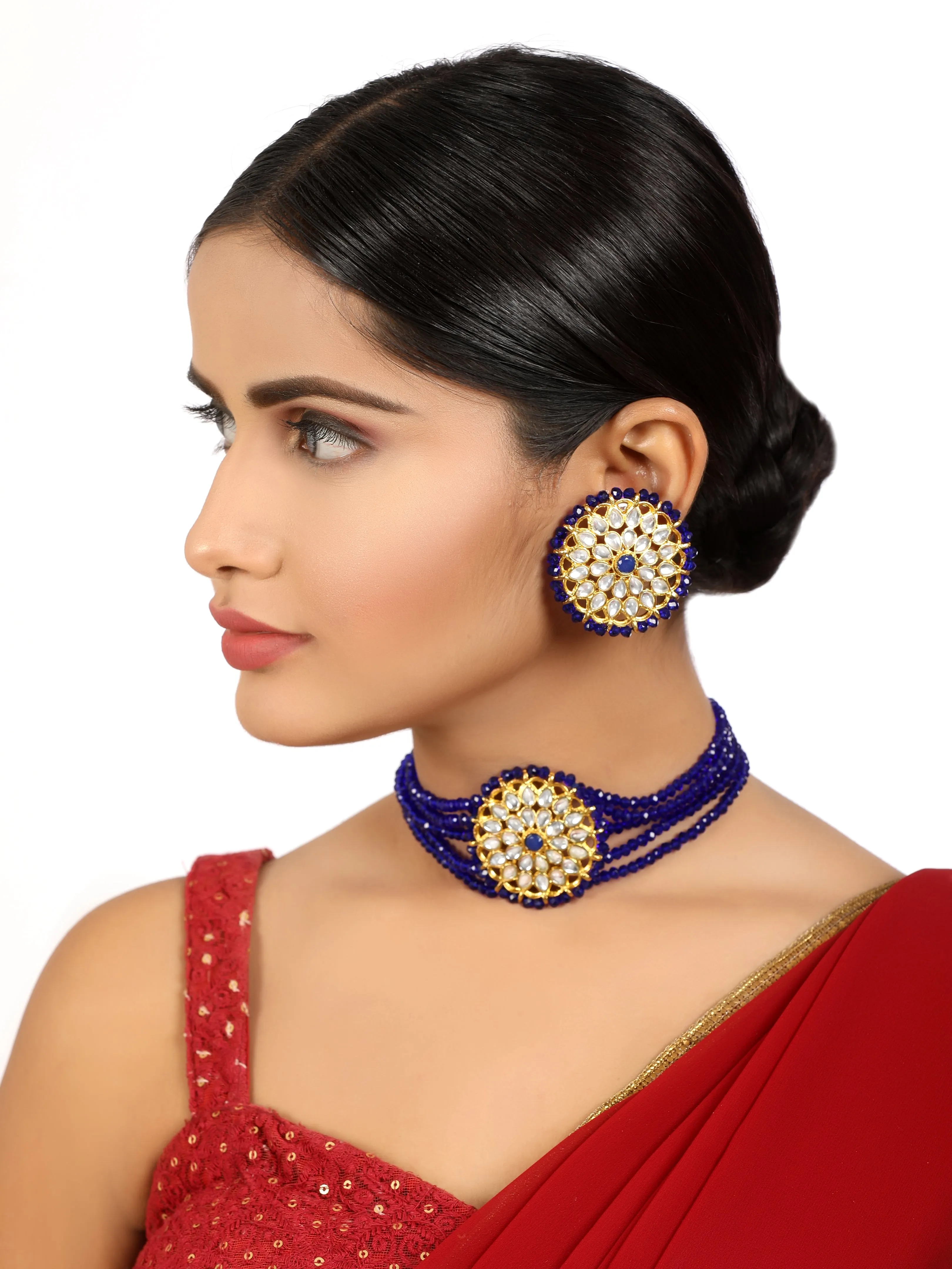 Blue Crystal Studded Kundan Choker Necklace Set