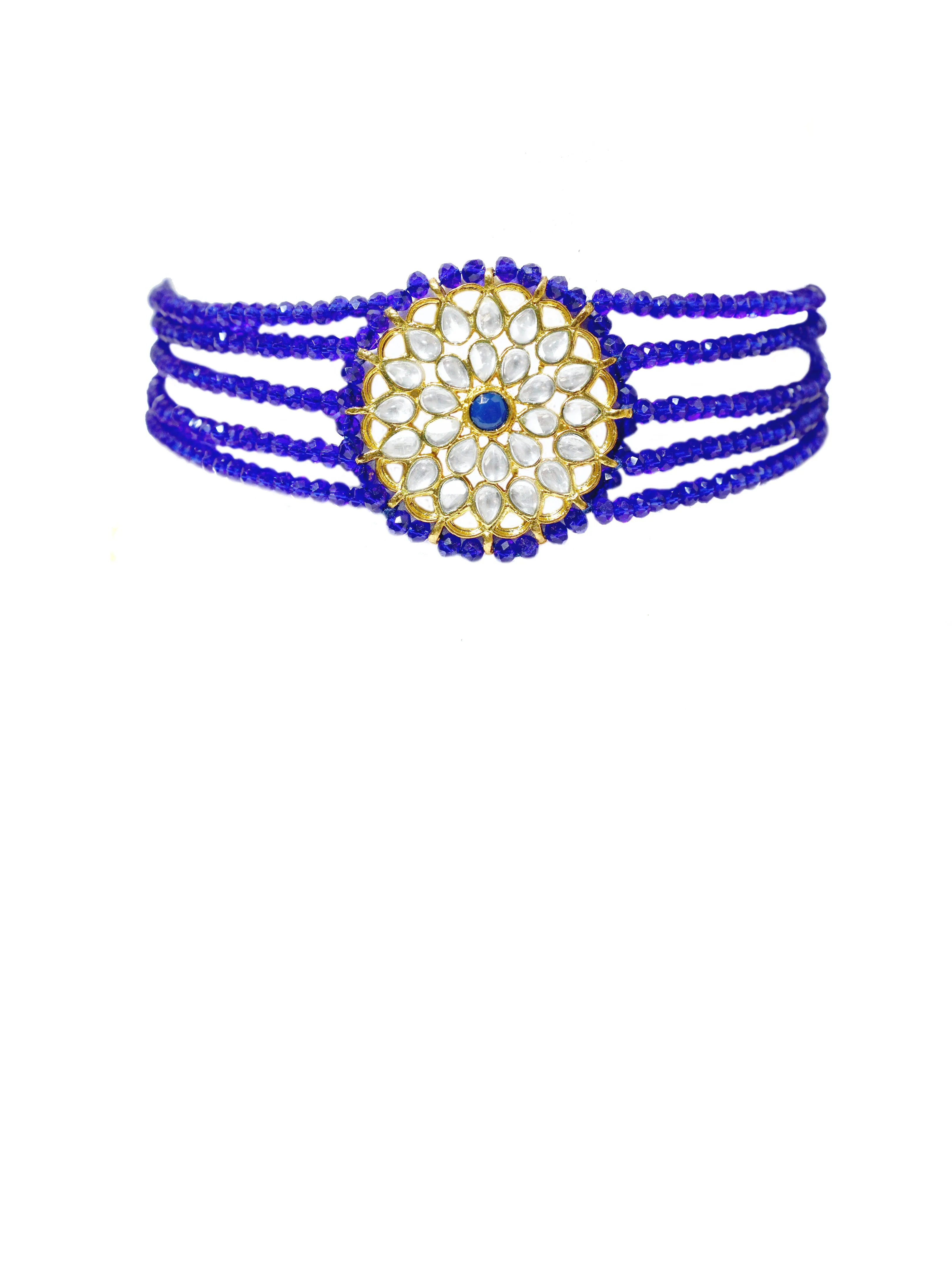 Blue Crystal Studded Kundan Choker Necklace Set