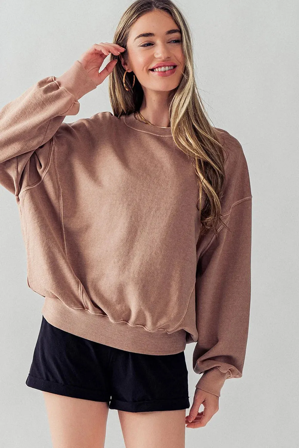 Chic Exposed Seam Batwing Sleeve Drop Shoulder Sweatshirt