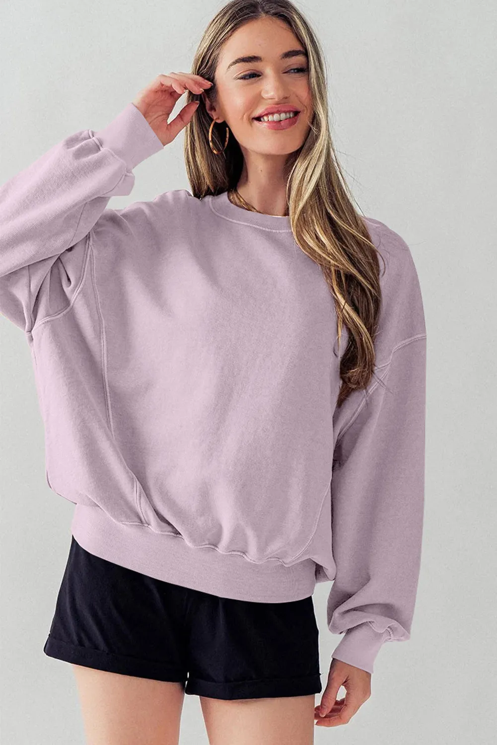 Chic Exposed Seam Batwing Sleeve Drop Shoulder Sweatshirt