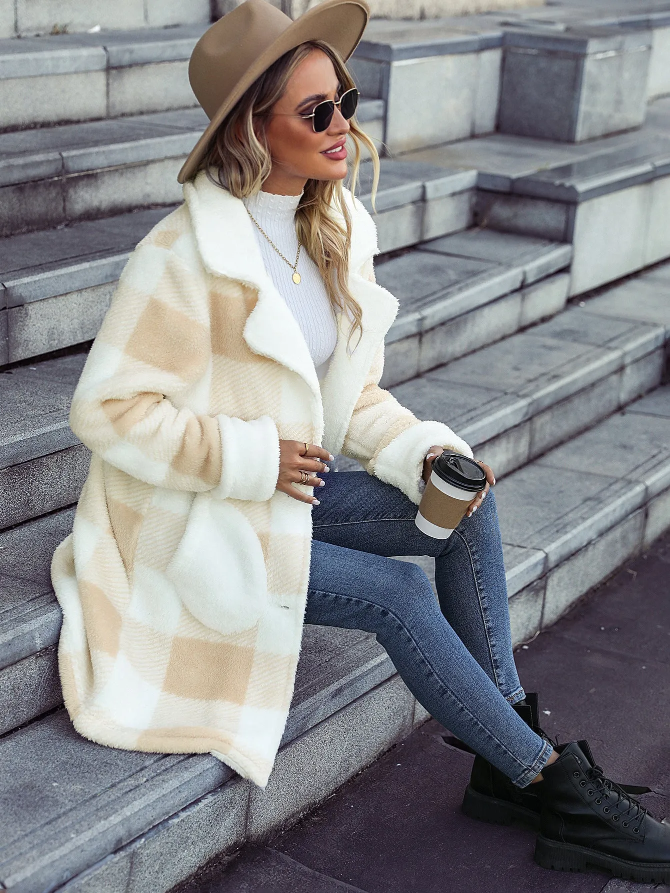 Color Blocking Plaid Fleece Coat