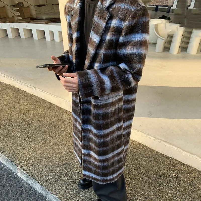 Contrast Color Male Overcoats Korean Fashion Lapel Plaid Casual Men's Long Woolen Coats Trendy Winter Chic 9C3923