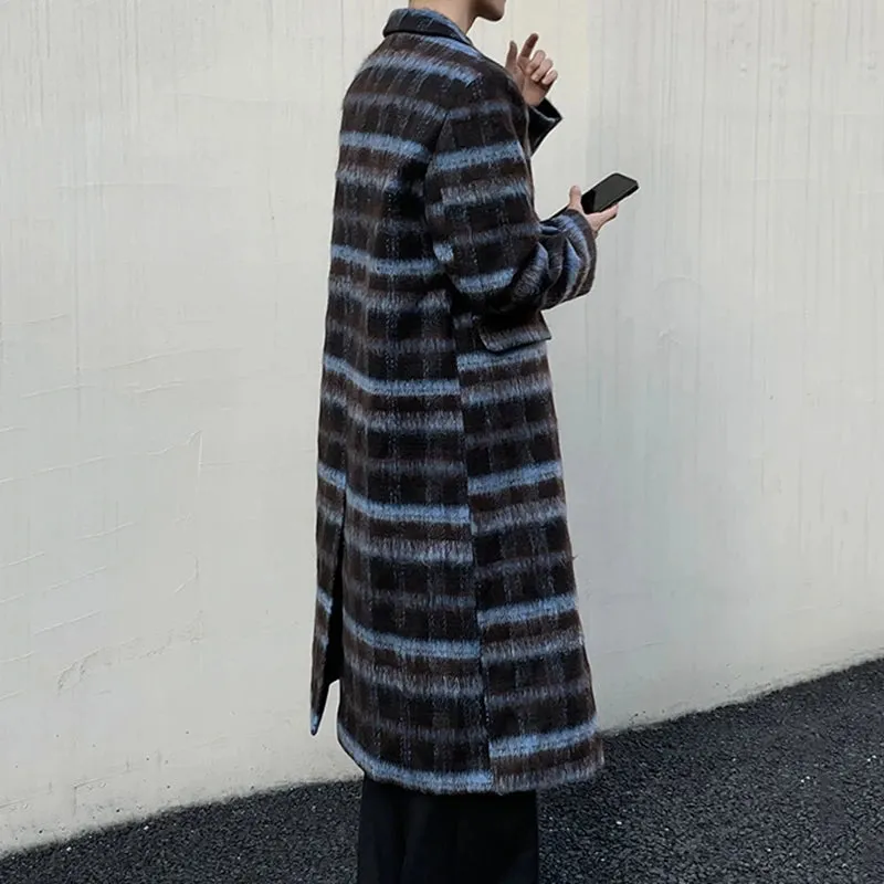 Contrast Color Male Overcoats Korean Fashion Lapel Plaid Casual Men's Long Woolen Coats Trendy Winter Chic 9C3923