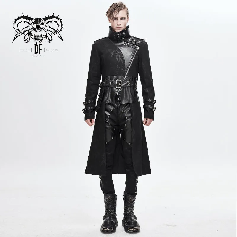 CT143 winter military uniform open collar printed punk men belted long coat with bag