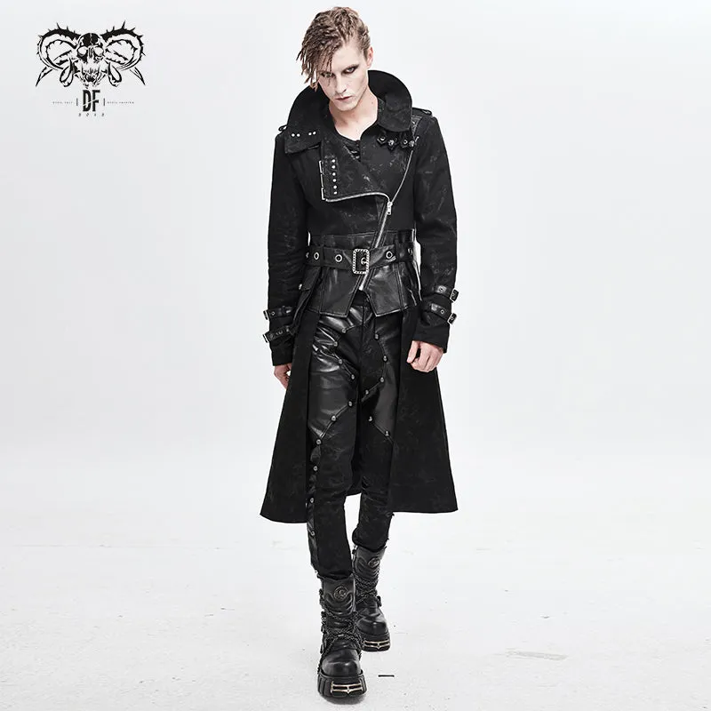 CT143 winter military uniform open collar printed punk men belted long coat with bag