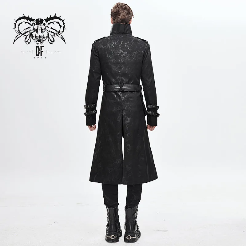 CT143 winter military uniform open collar printed punk men belted long coat with bag