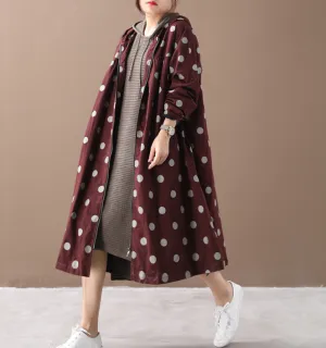 Dot Cotton Loose Casual Coat A line Parka Plus Size Coat Jacket