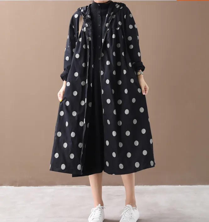 Dot Cotton Loose Casual Coat A line Parka Plus Size Coat Jacket