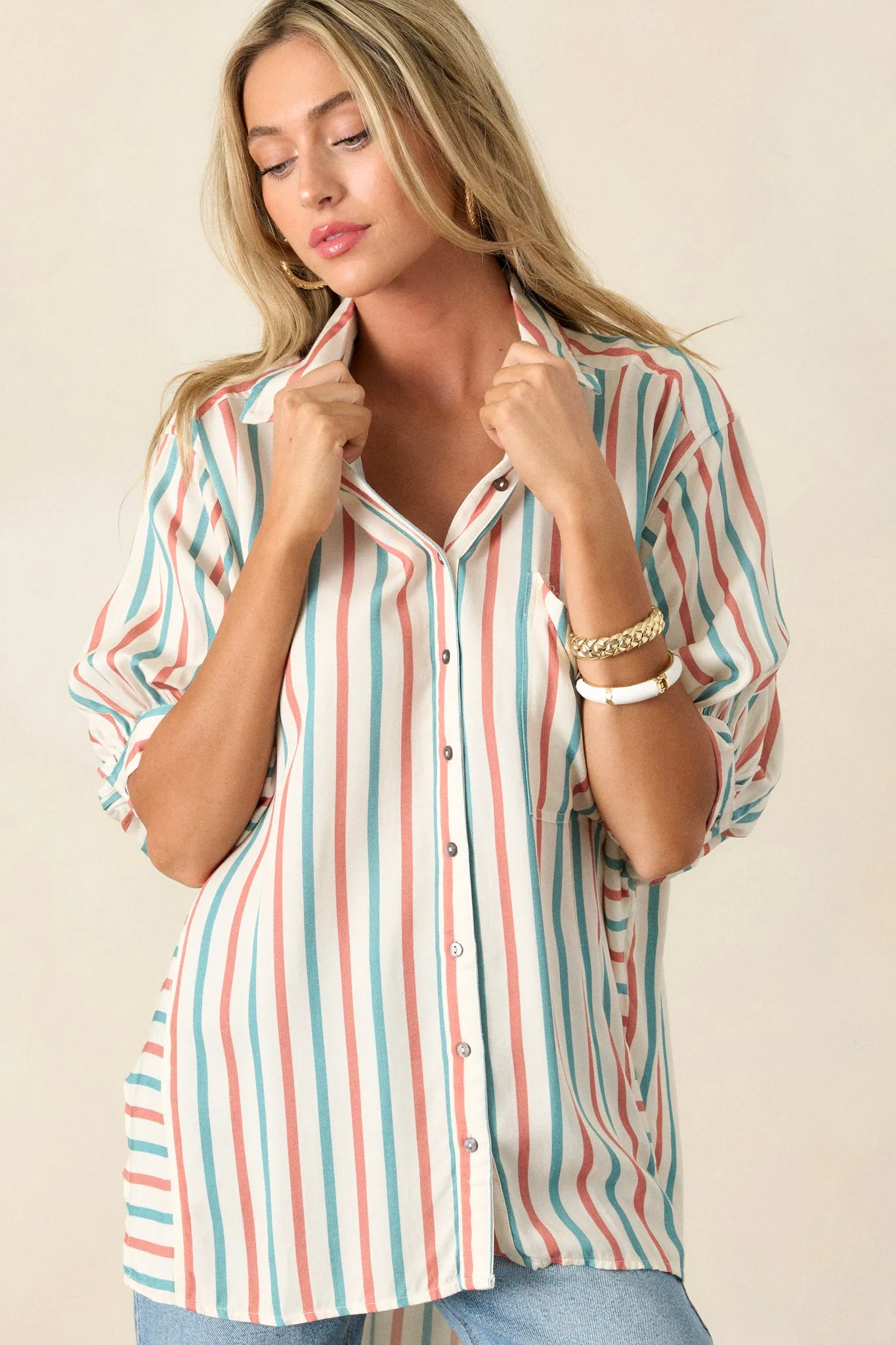 Dream Weaver Ivory Button Front Stripe Collared Shirt