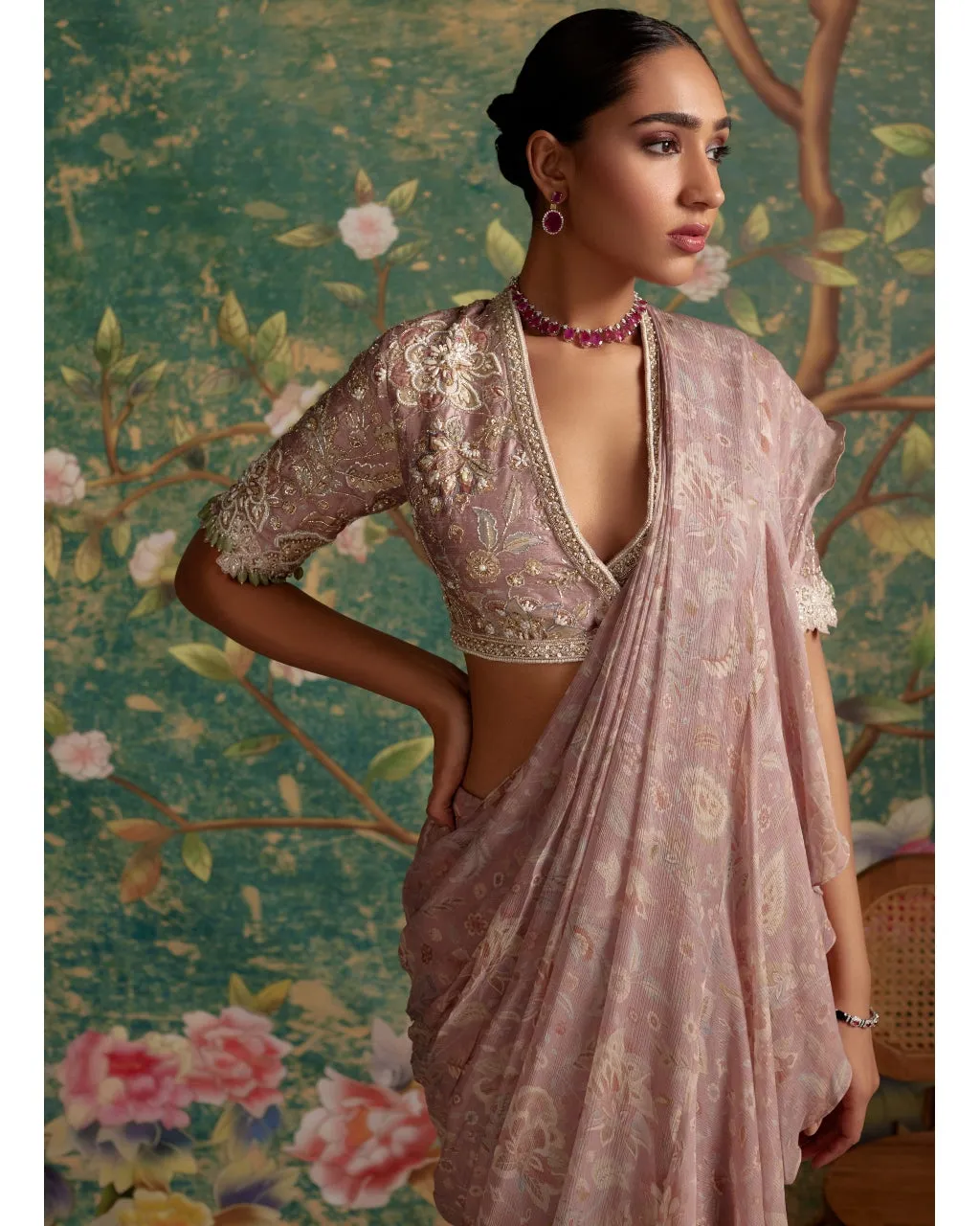 Dusky Pink Print Flamboyance Sari Set