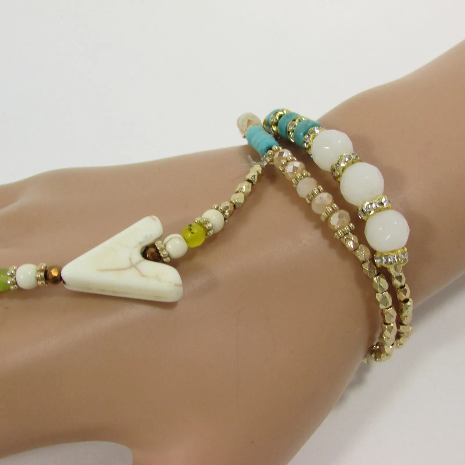 Gold Hand Chain Bracelet Elastic Connected Finger Turquoise Blue Or White Arrow Colors Beads Wedding