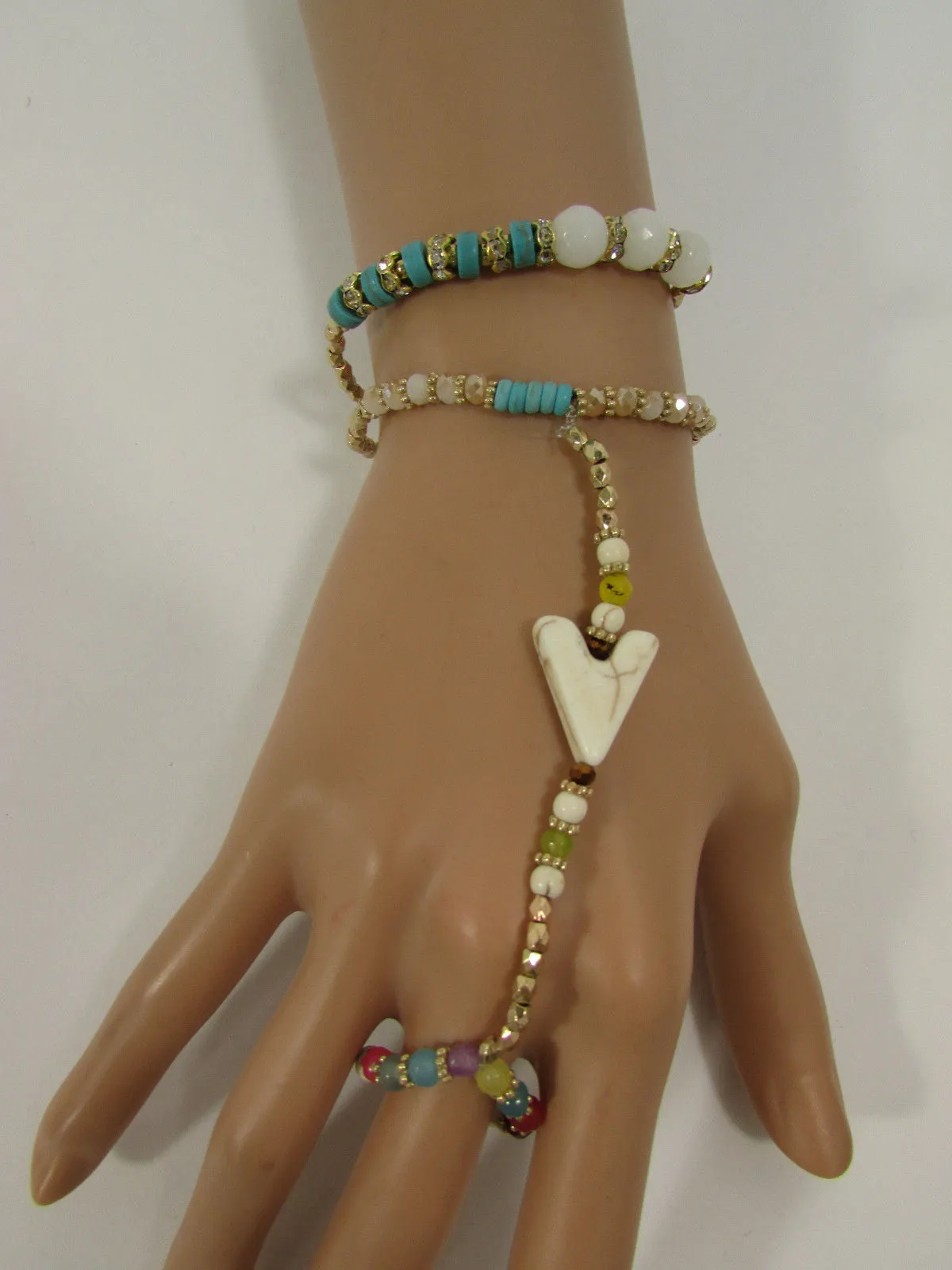 Gold Hand Chain Bracelet Elastic Connected Finger Turquoise Blue Or White Arrow Colors Beads Wedding