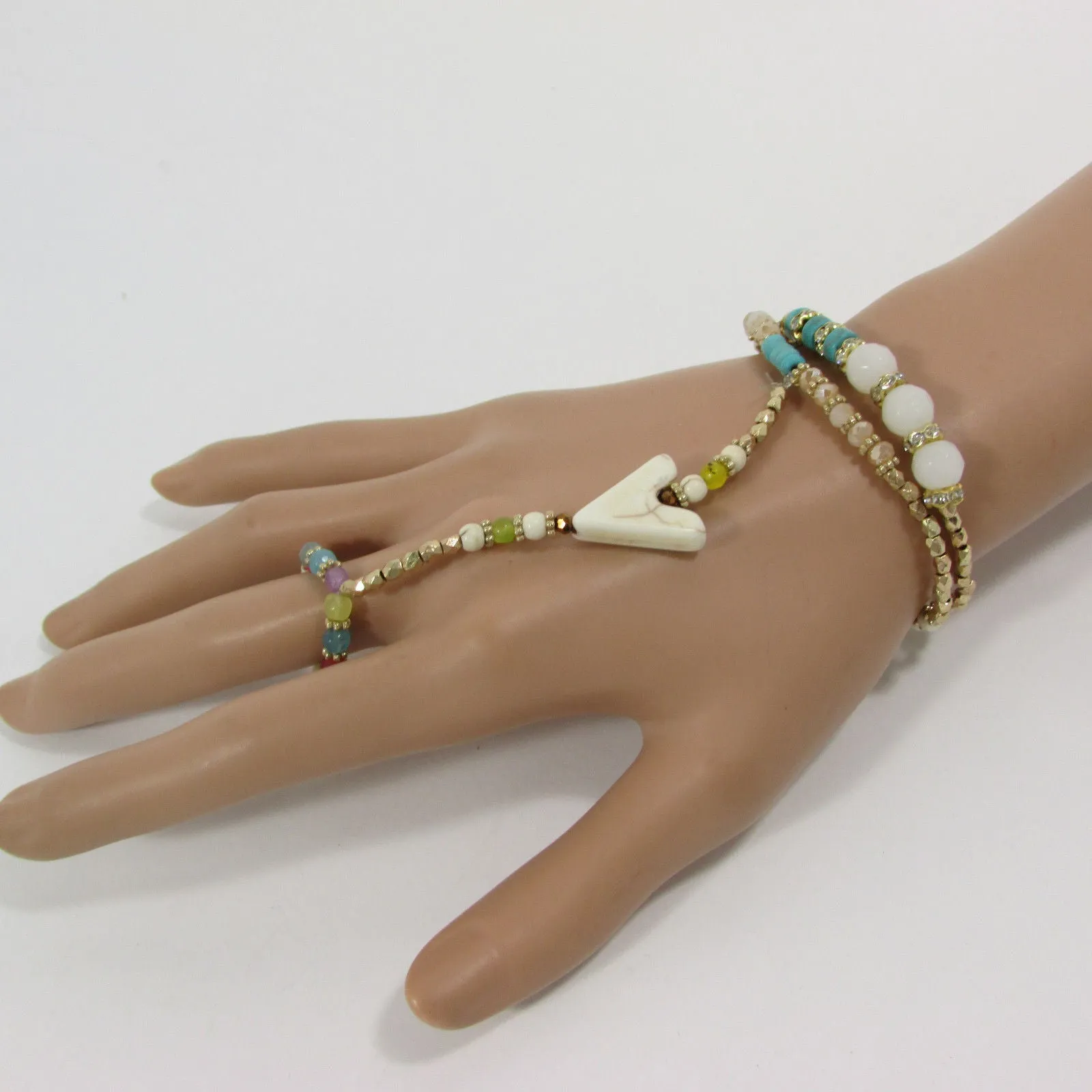 Gold Hand Chain Bracelet Elastic Connected Finger Turquoise Blue Or White Arrow Colors Beads Wedding