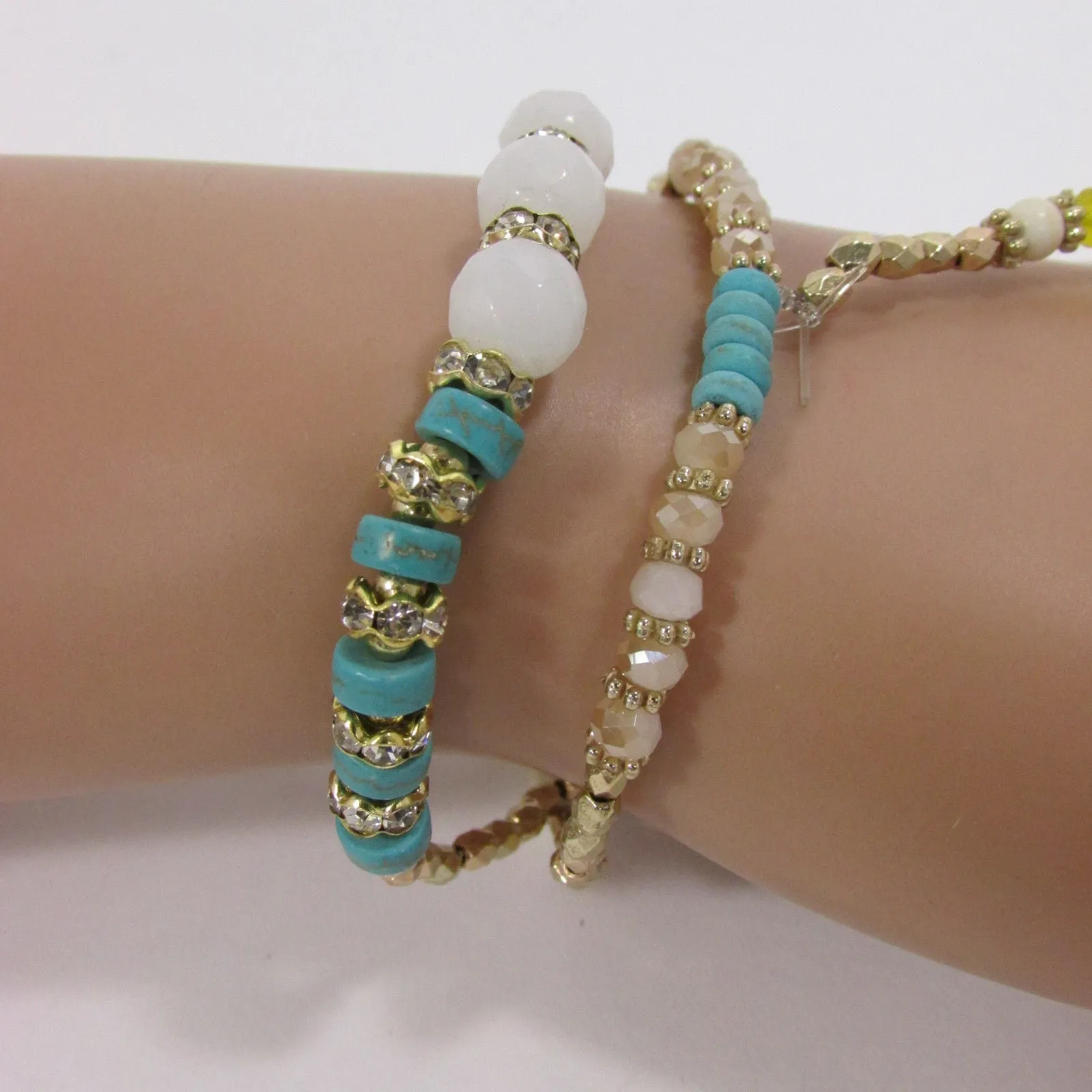 Gold Hand Chain Bracelet Elastic Connected Finger Turquoise Blue Or White Arrow Colors Beads Wedding